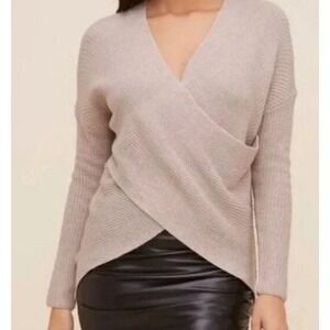 ASTR The Label Sweater Womens XL Cream Tan Surplice Wrap Front Ribbed Knit